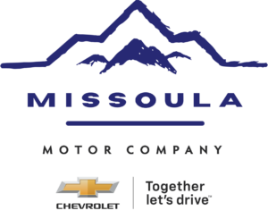 Logo of Missoula Motor Company. blue mountains on a white background. The Chevrolet logo is below right, below left reads "Together let's drive"